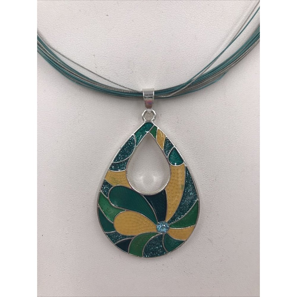 Kim Rogers Enamel Teardrop Necklace green yellow gold tone multi wire choker 18